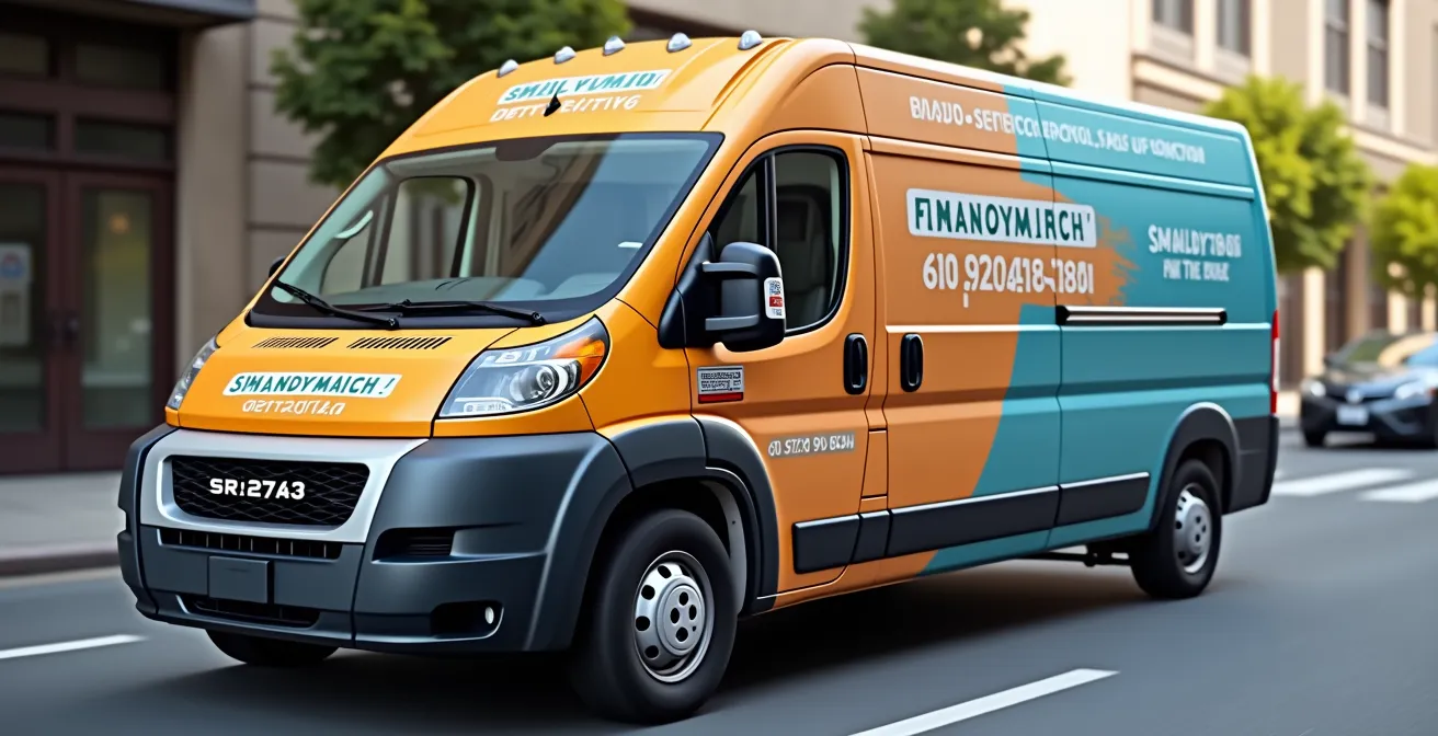 Photorealistic editorial style image of a local business vehicle with sleek graphics, cinematic lighting highlighting fine textures and natural bokeh in the background, emphasizing clean composition and negative space