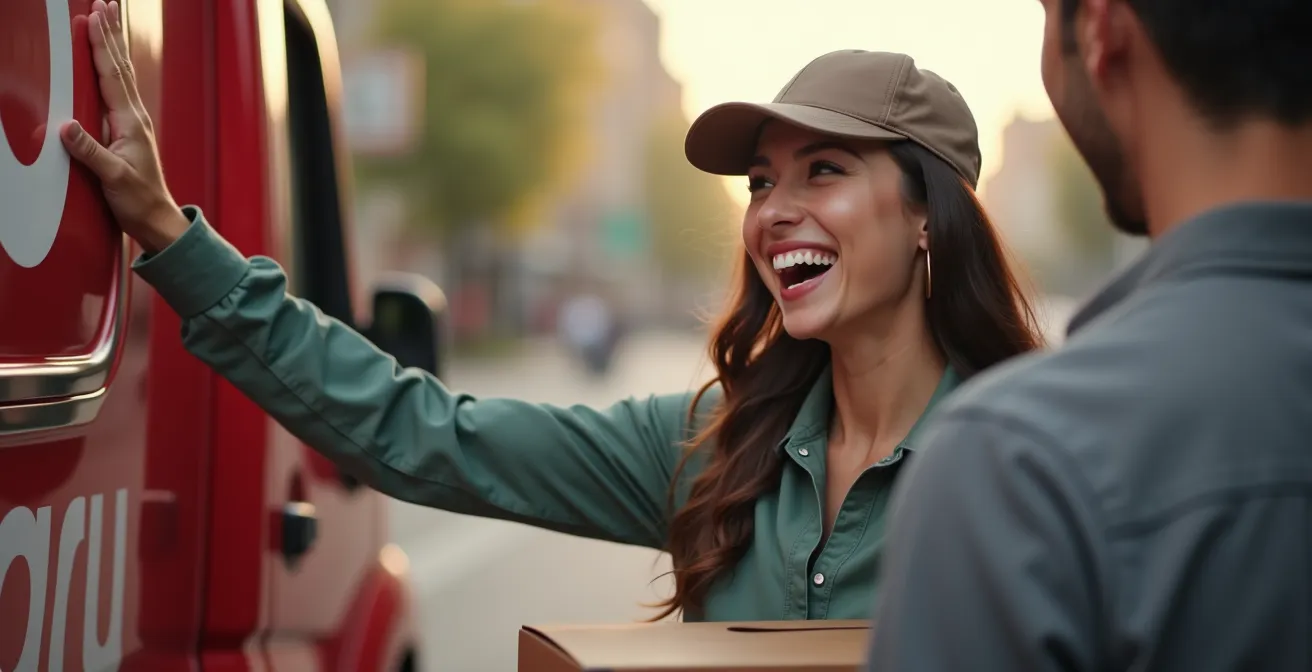 Medium shot of a smiling delivery driver interacting with local customers by branded vehicle