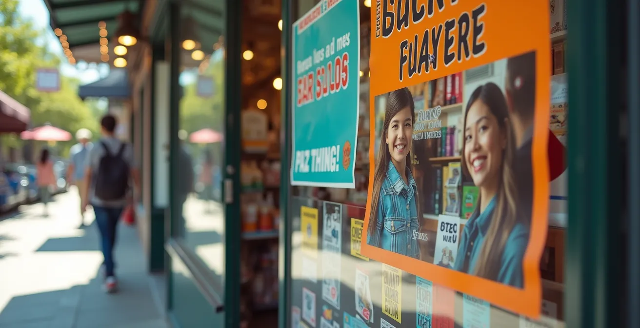 Vitrine commercial avec signalétique temporaire colorée mettant en valeur soldes et événements