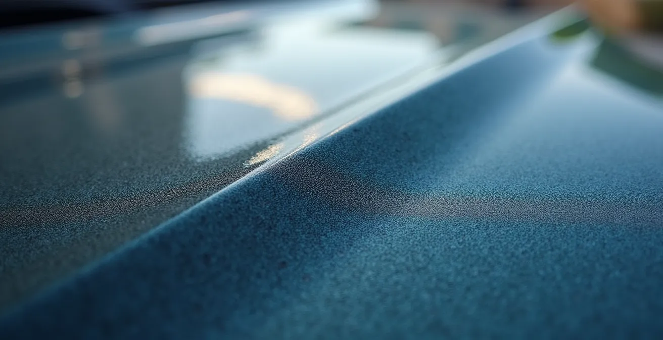 Close-up macro shot of textured cast vinyl wrap on vehicle surface under natural light